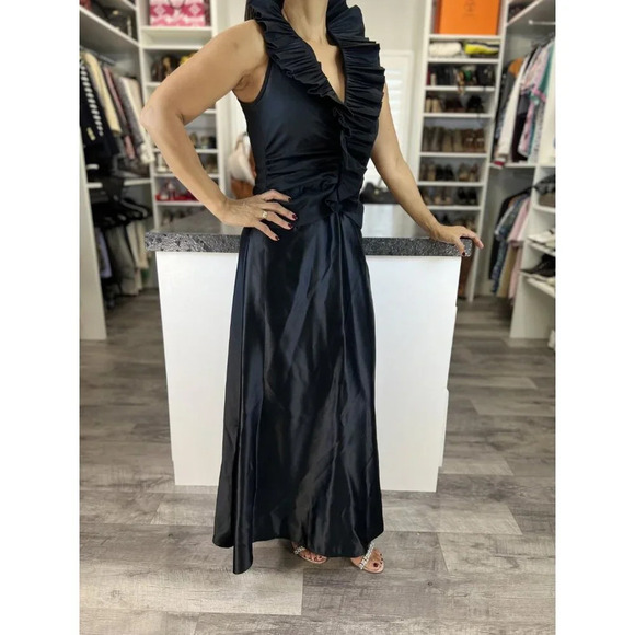 Tadashi Black Satin Ruffle High Collar Maxi Dress $495 - Picture 6 of 12